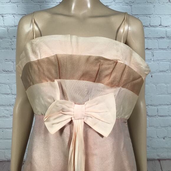 Vintage 60s Peach Blush Party Dress Ruffled Bodice Skinny Strap Front Bow M L - Picture 7 of 9